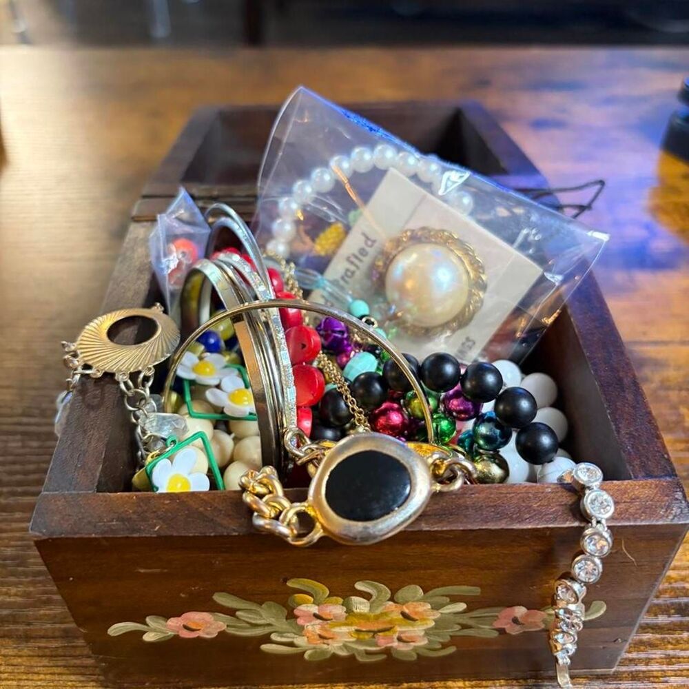 Wooden Jewelry Box with mystery jewelry bundle.